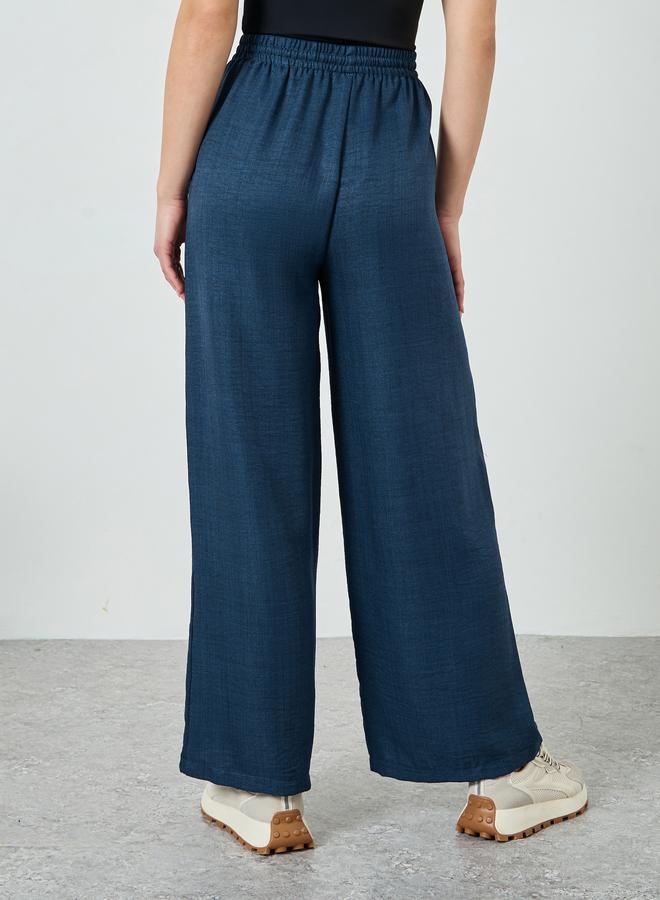 Styli Navy Blue Wide Leg Linen Look Pants - Image 3